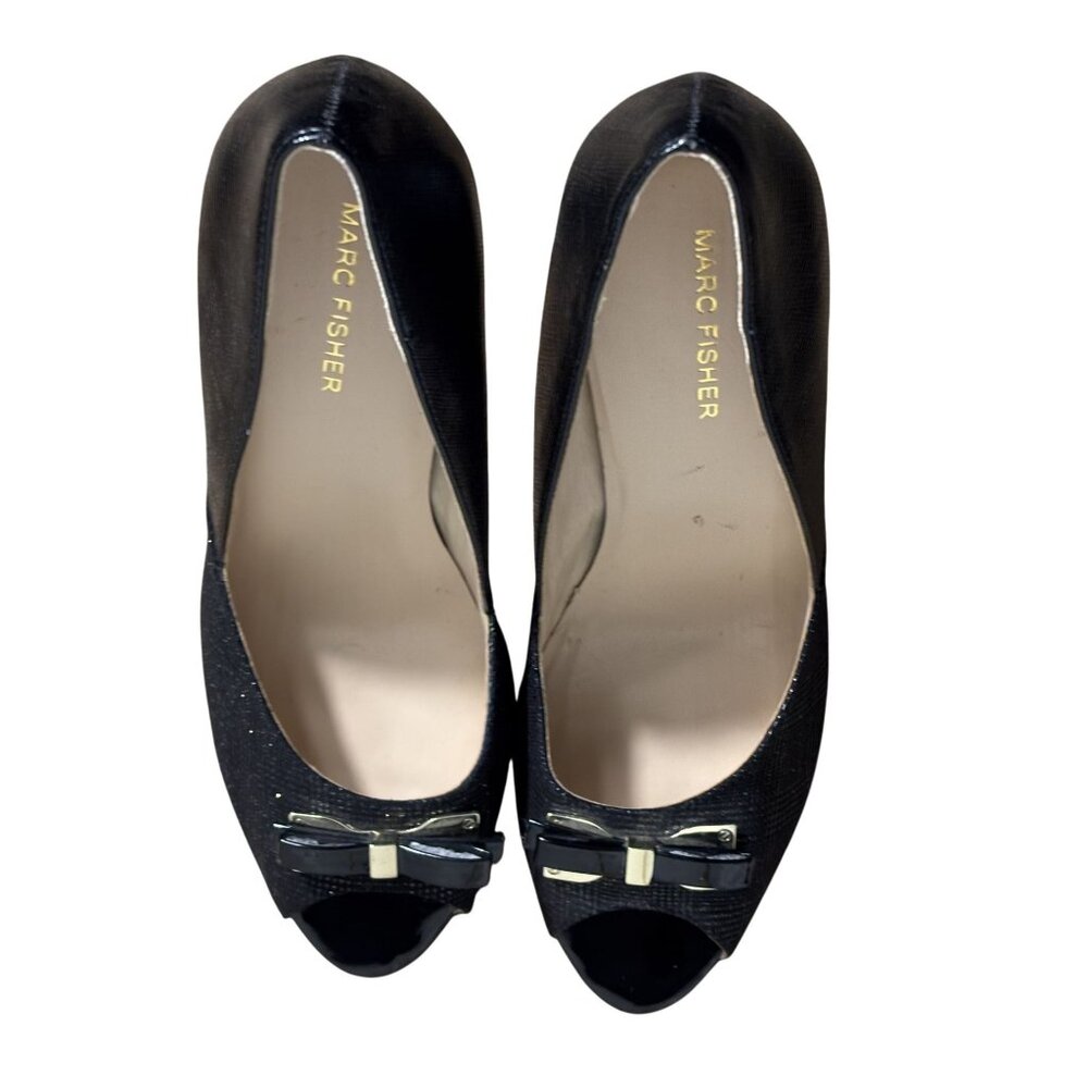Marc Fisher 9.5M Black Peep-Toe Heels With Bow Accent Textured Finish & Stiletto